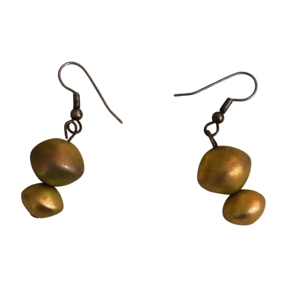 Vintage Handmade Gold Tone Bead Dangle Earrings - Metallic Boho Drop